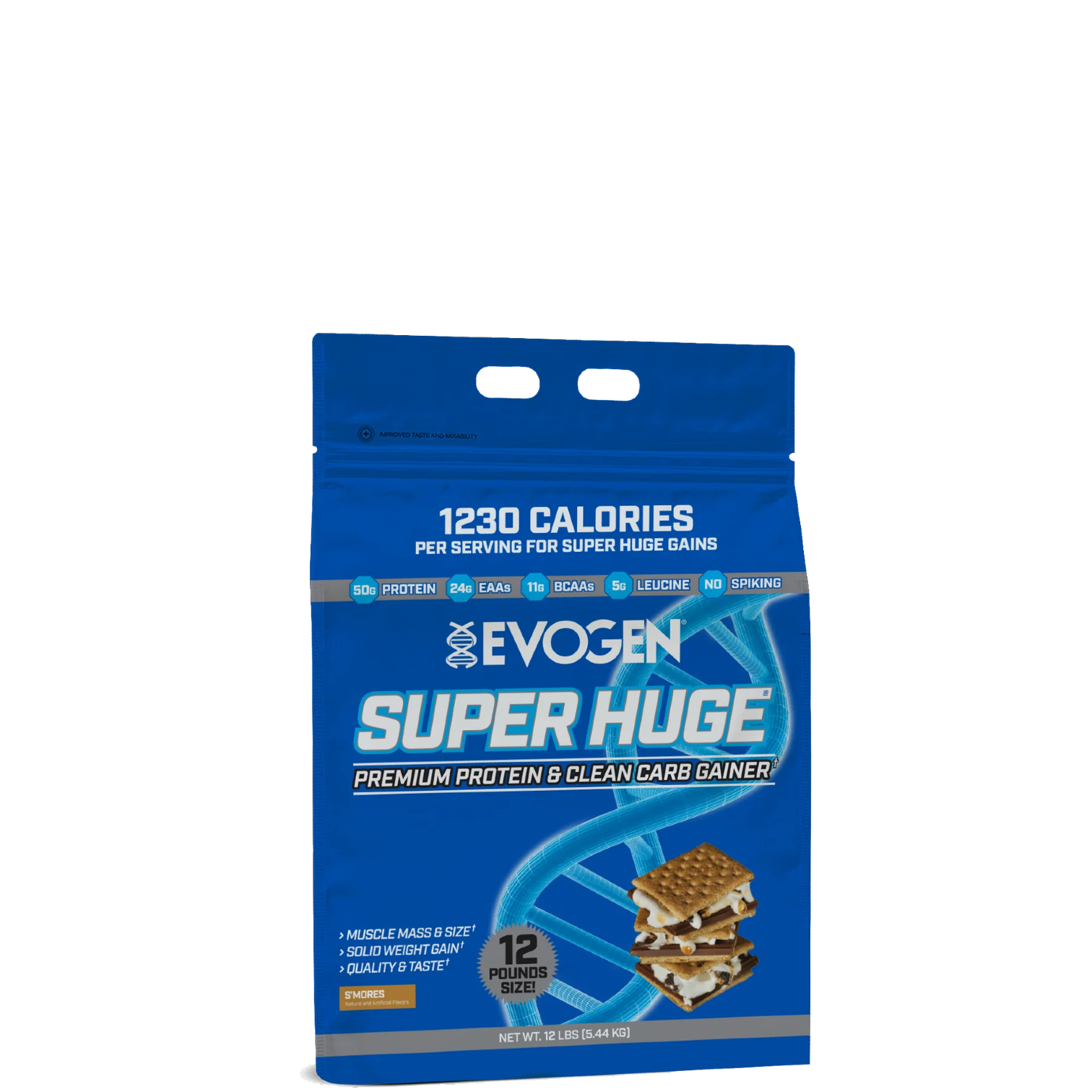 A package of Evogen Super Huge Mass Gainer, predominantly blue in color with an image of a vanilla ice cream cone on the front, indicating 1220 calories per serving.