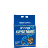 A package of Evogen Super Huge Mass Gainer, predominantly blue in color with an image of a vanilla ice cream cone on the front, indicating 1220 calories per serving.