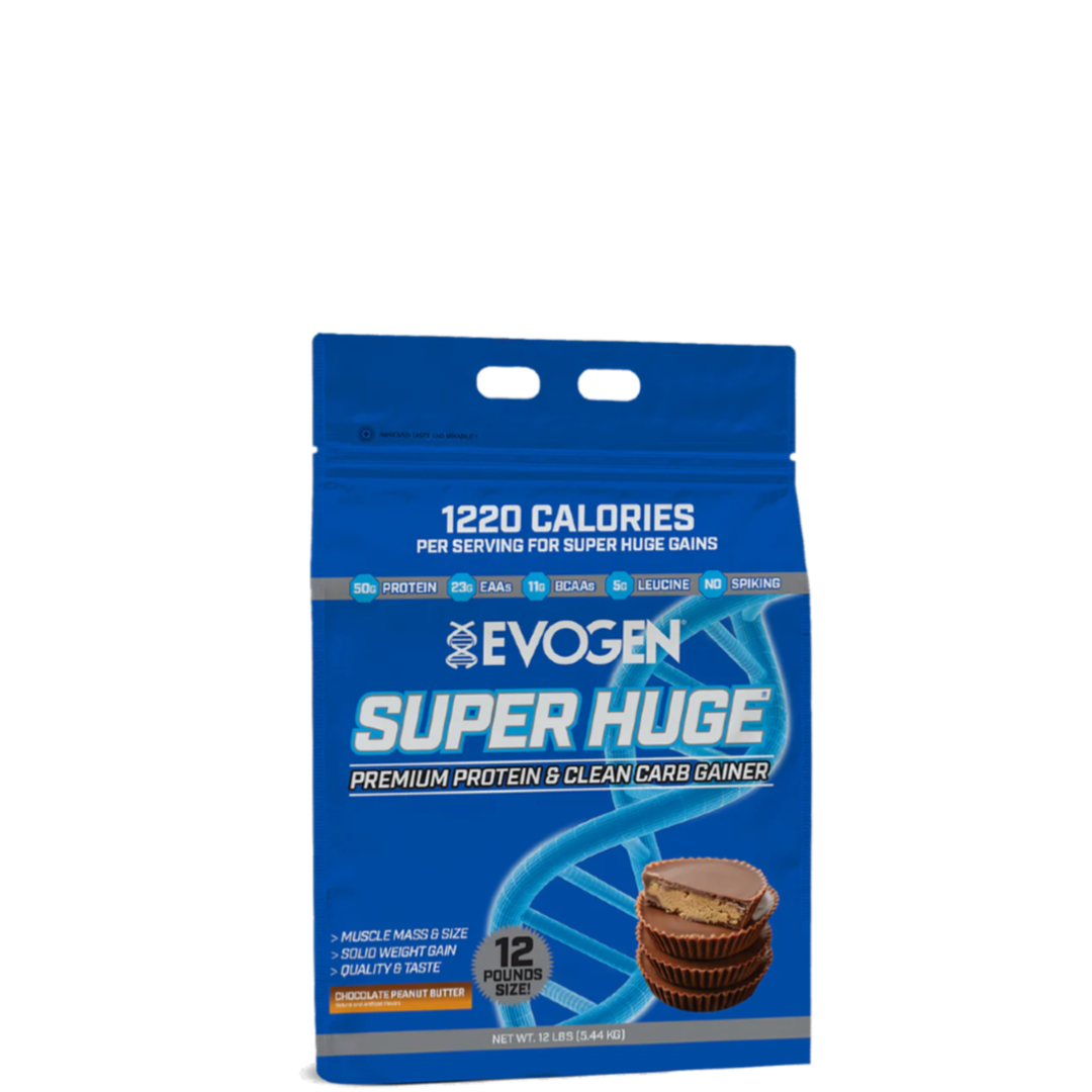 A package of Evogen Super Huge Mass Gainer, predominantly blue in color with an image of a vanilla ice cream cone on the front, indicating 1220 calories per serving.
