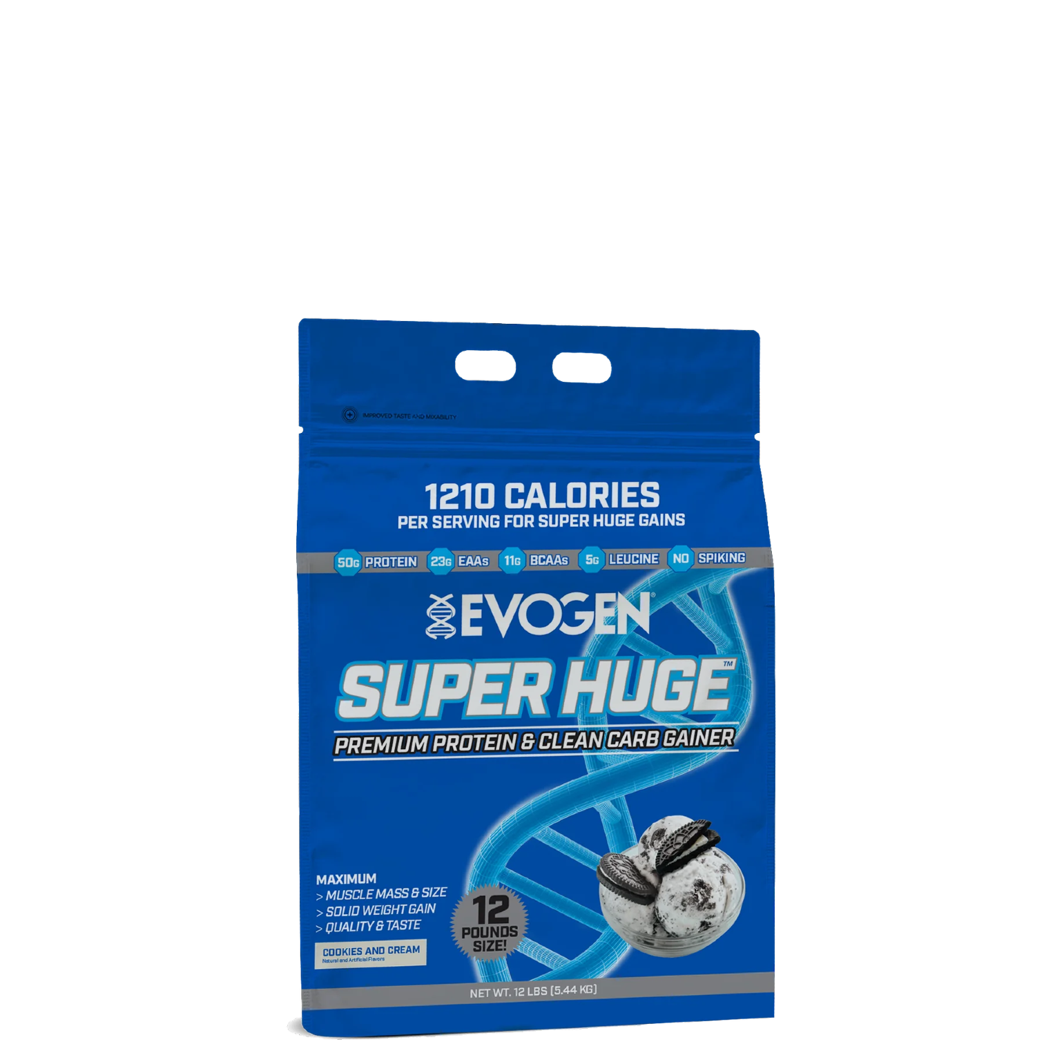 A package of Evogen Super Huge Mass Gainer, predominantly blue in color with an image of a vanilla ice cream cone on the front, indicating 1220 calories per serving.
