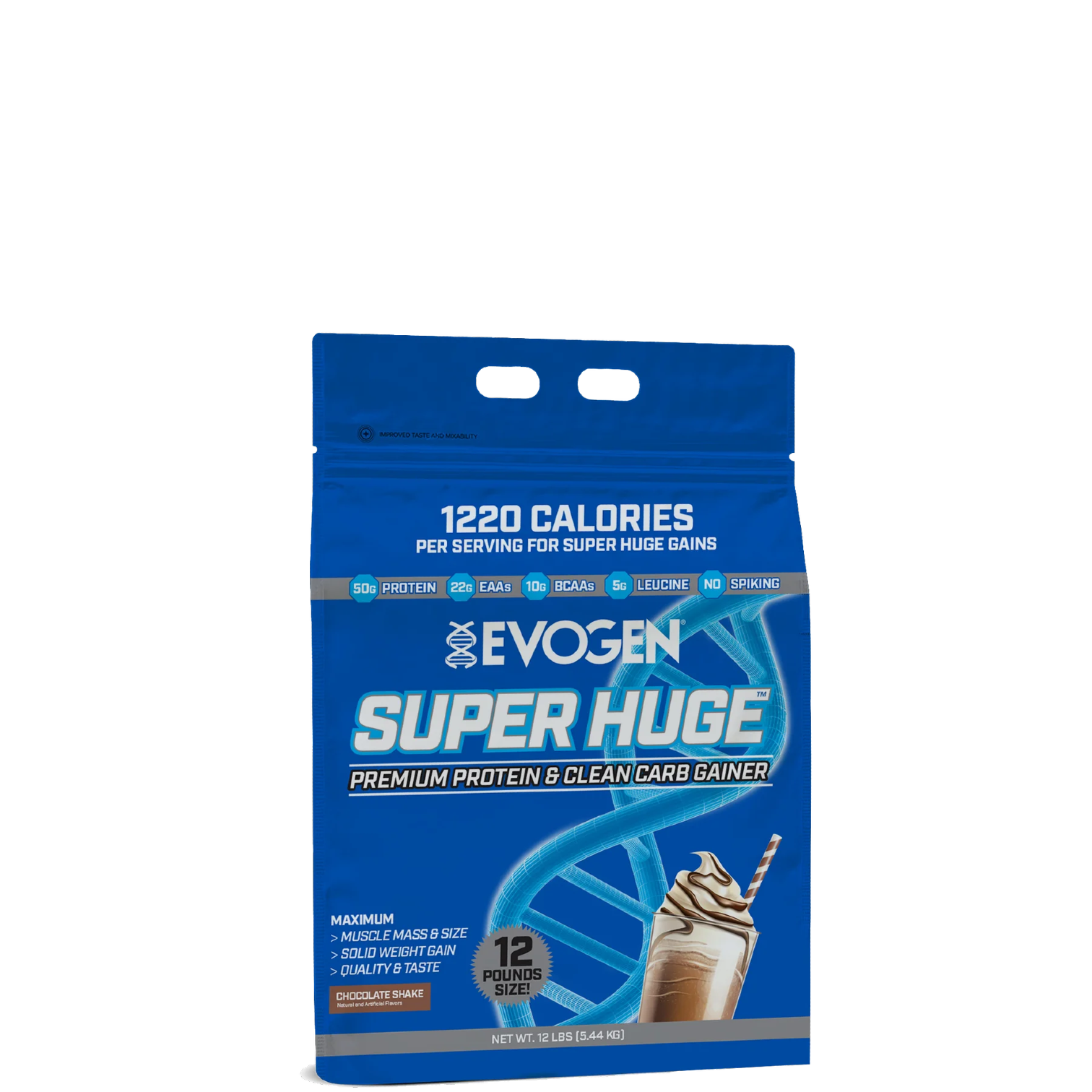 A package of Evogen Super Huge Mass Gainer, predominantly blue in color with an image of a vanilla ice cream cone on the front, indicating 1220 calories per serving.