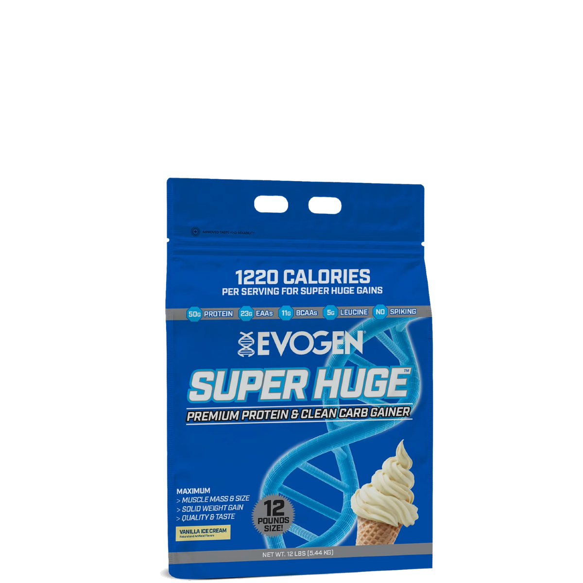 A package of Evogen Super Huge Mass Gainer, predominantly blue in color with an image of a vanilla ice cream cone on the front, indicating 1220 calories per serving.