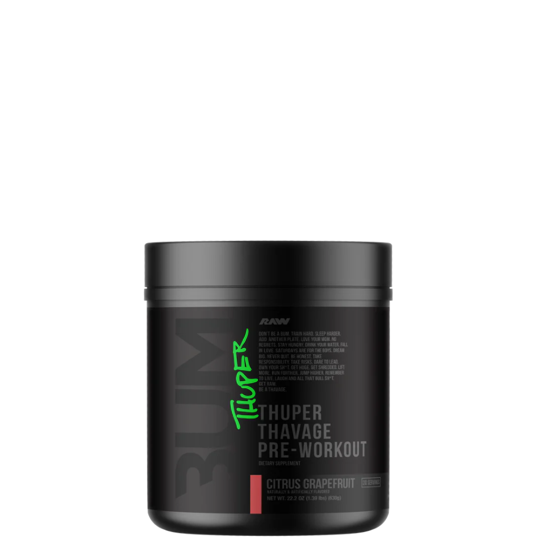 A container of Thuper Thavage Pre-Workout supplement with branding and product information on the label.