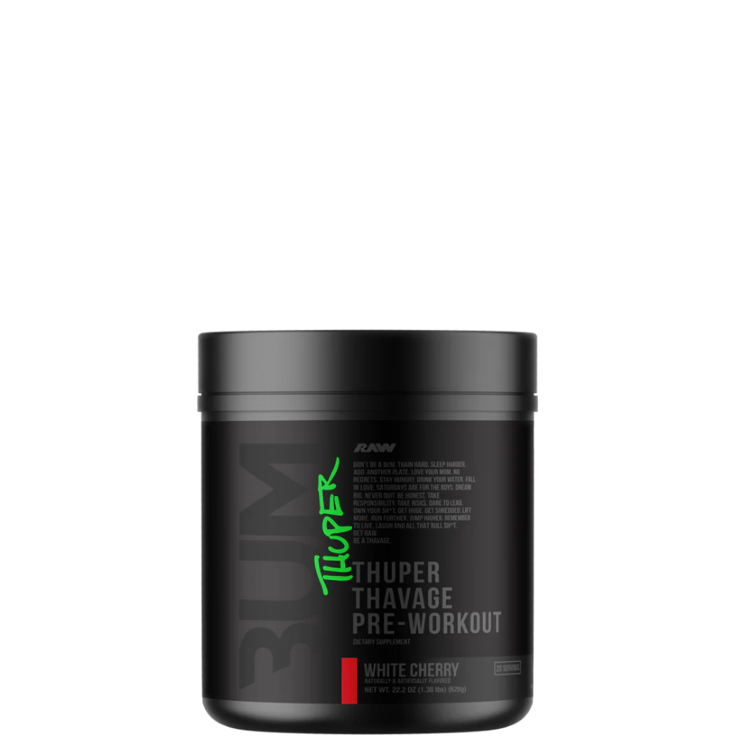 A container of Thuper Thavage Pre-Workout supplement with branding and product information on the label.