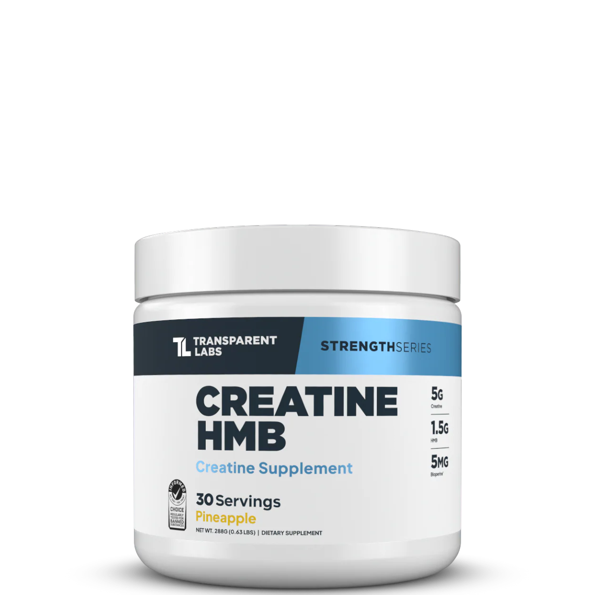 Creatine HMB supplement container with Transparent Labs branding on a white background
