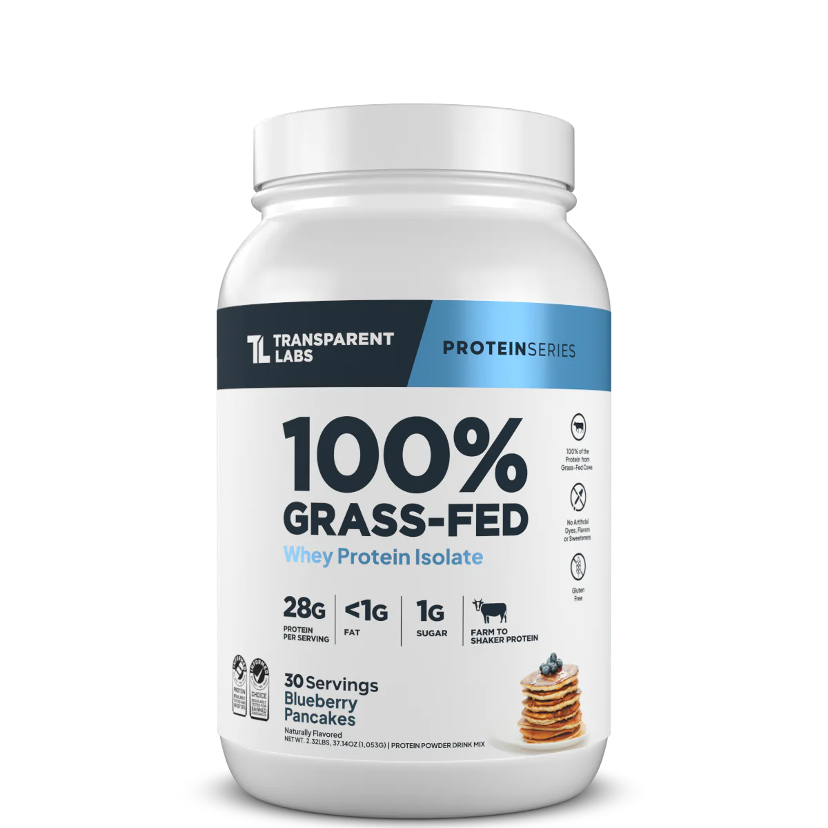 Transparent Labs 100% Grass-Fed protein powder container on a white background