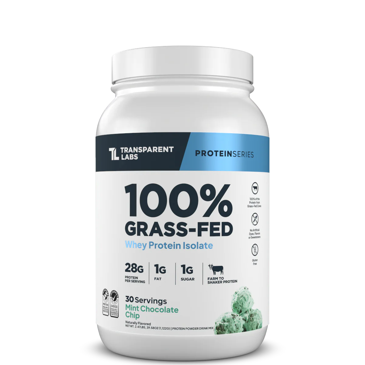 Transparent Labs 100% Grass-Fed protein powder container on a white background
