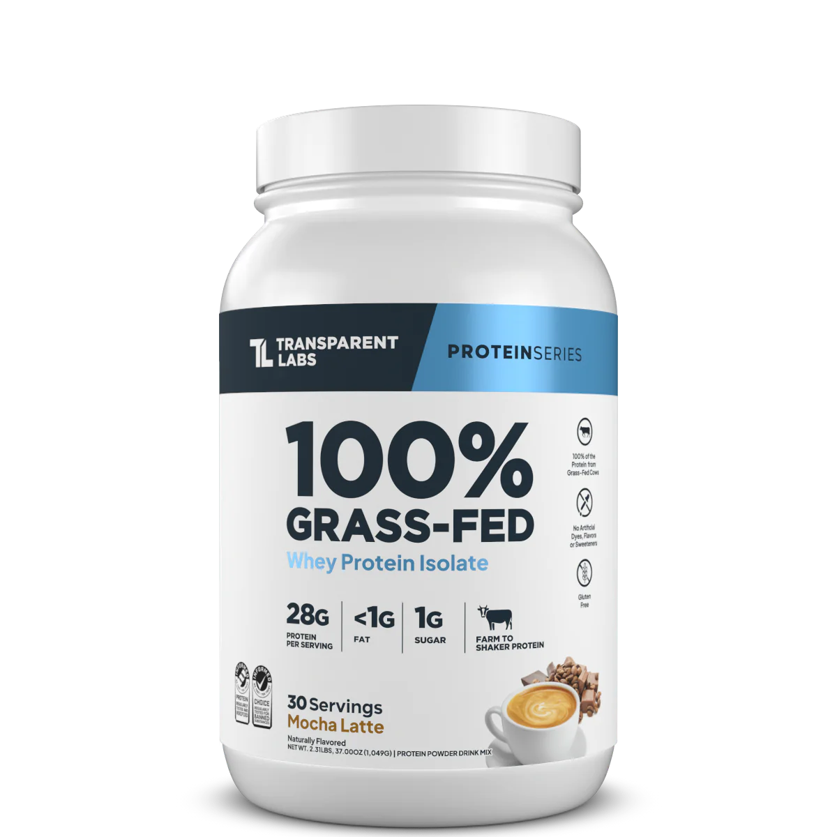 Transparent Labs 100% Grass-Fed protein powder container on a white background