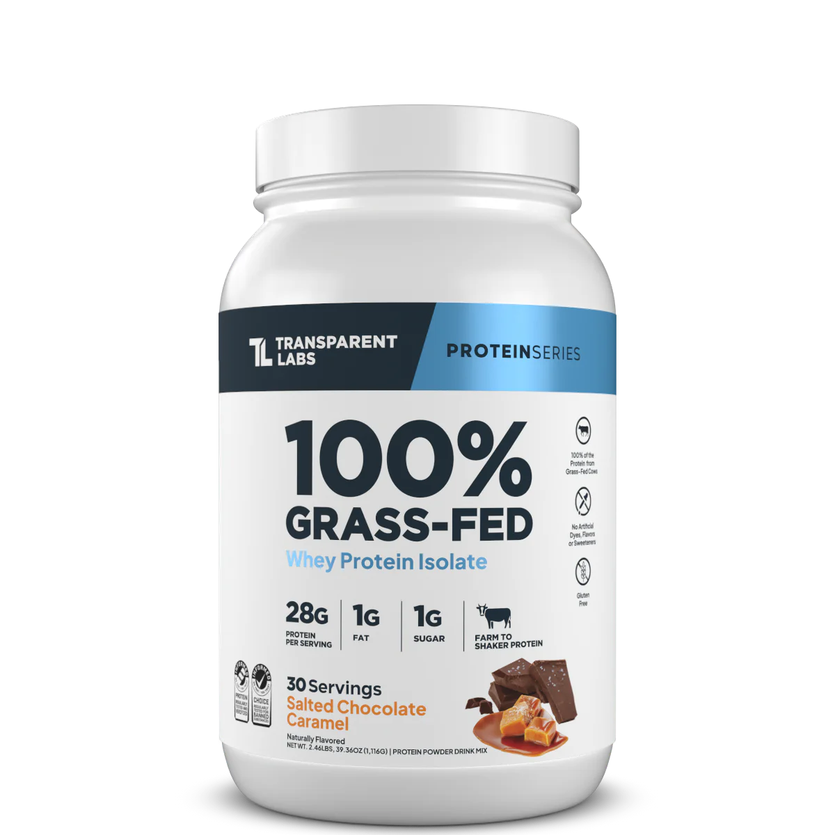 Transparent Labs 100% Grass-Fed protein powder container on a white background