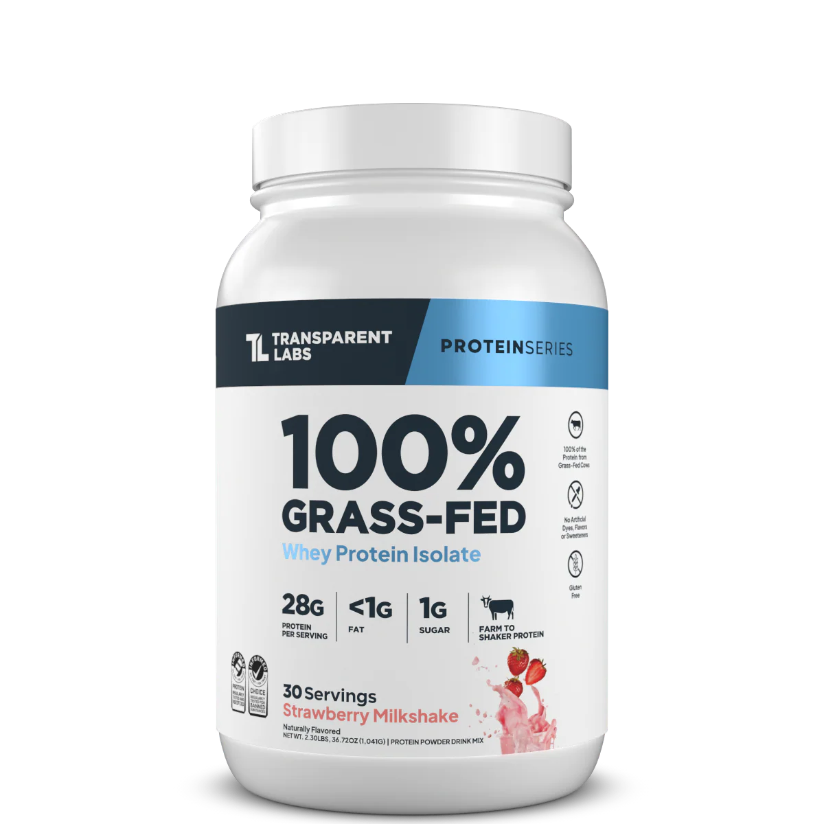 Transparent Labs 100% Grass-Fed protein powder container on a white background