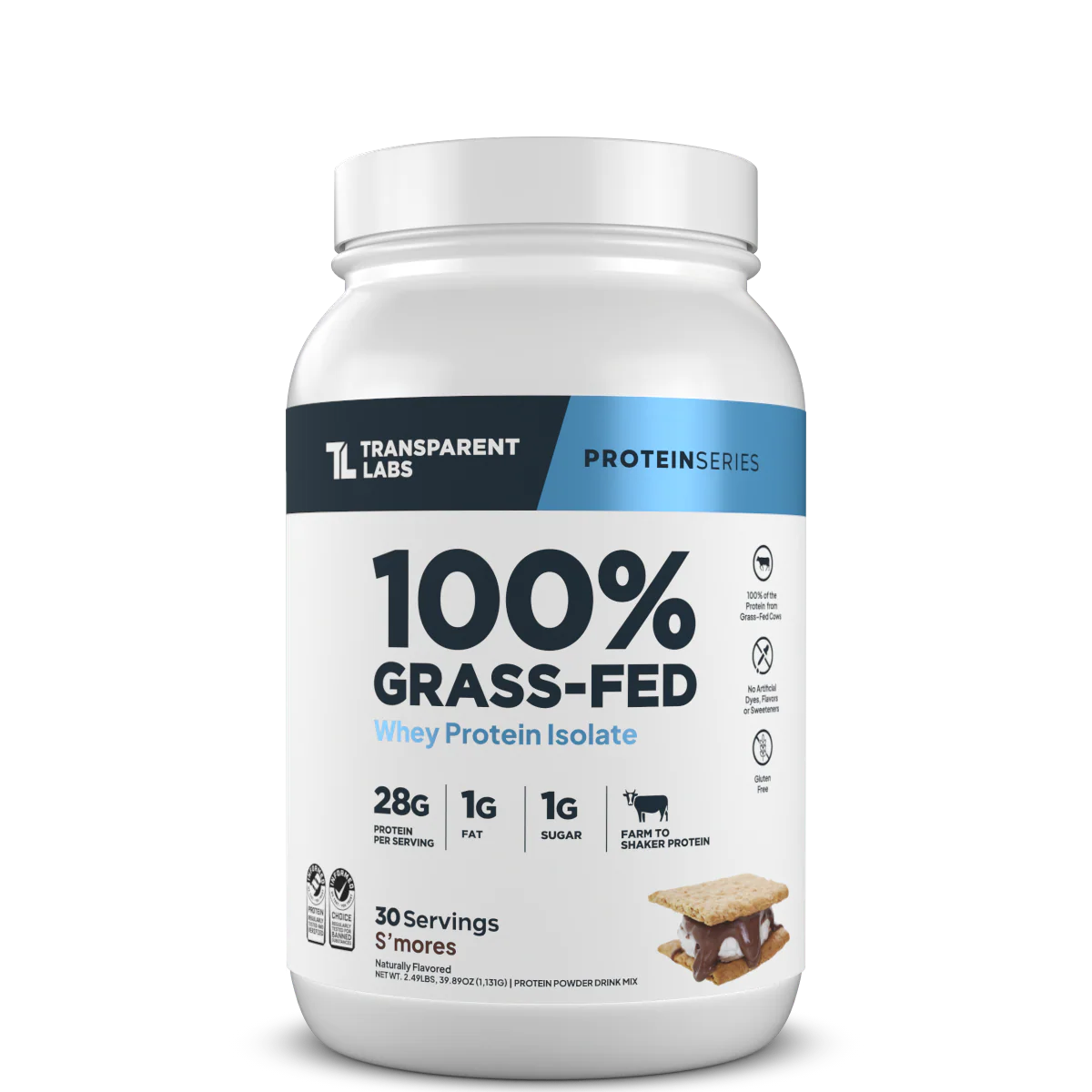 Transparent Labs 100% Grass-Fed protein powder container on a white background