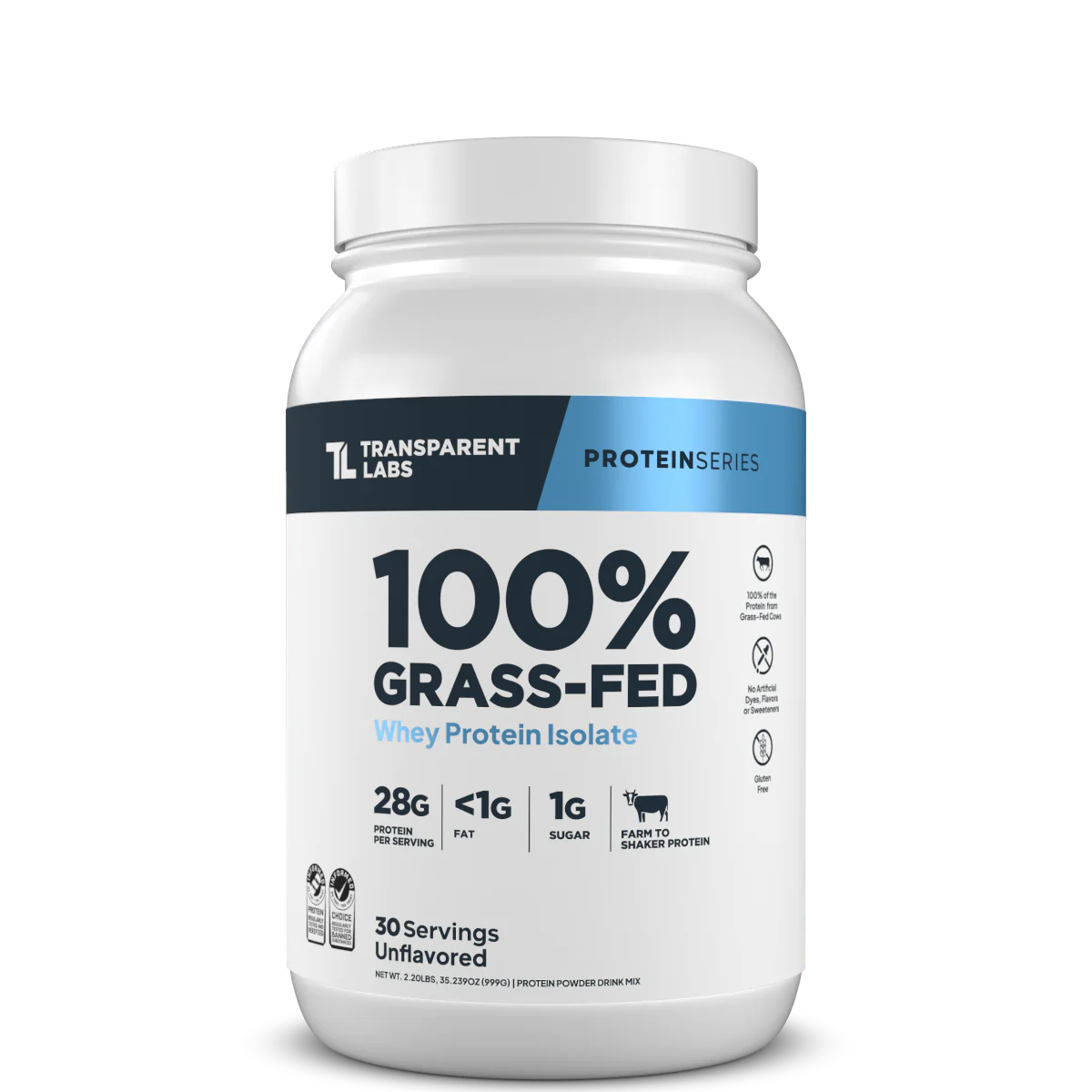 Transparent Labs 100% Grass-Fed protein powder container on a white background