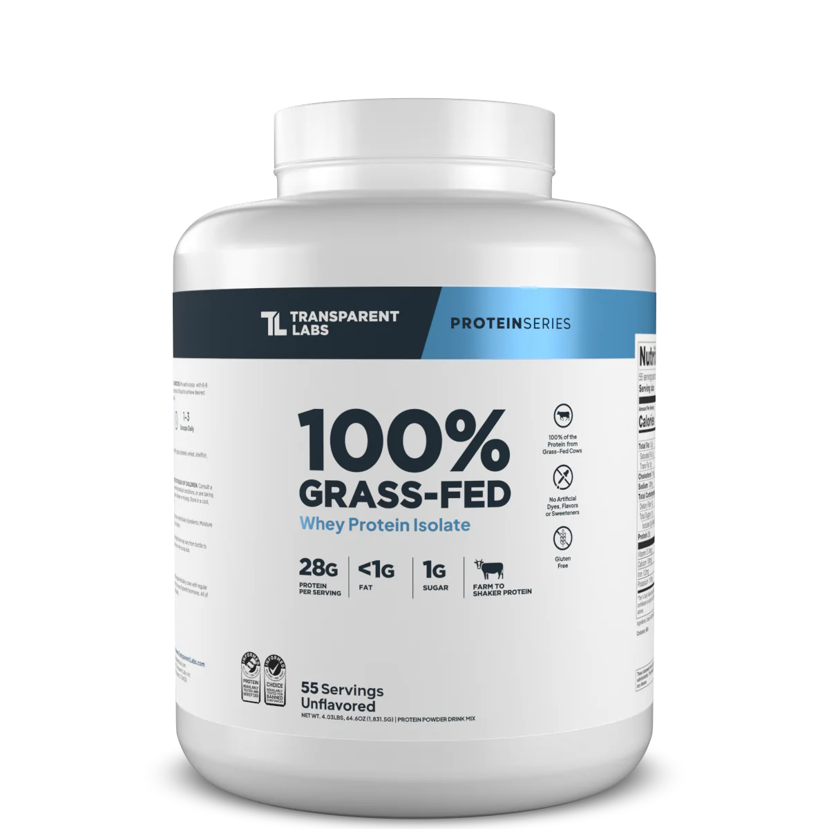 Transparent Labs 100% Grass-Fed whey protein isolate container on a white background