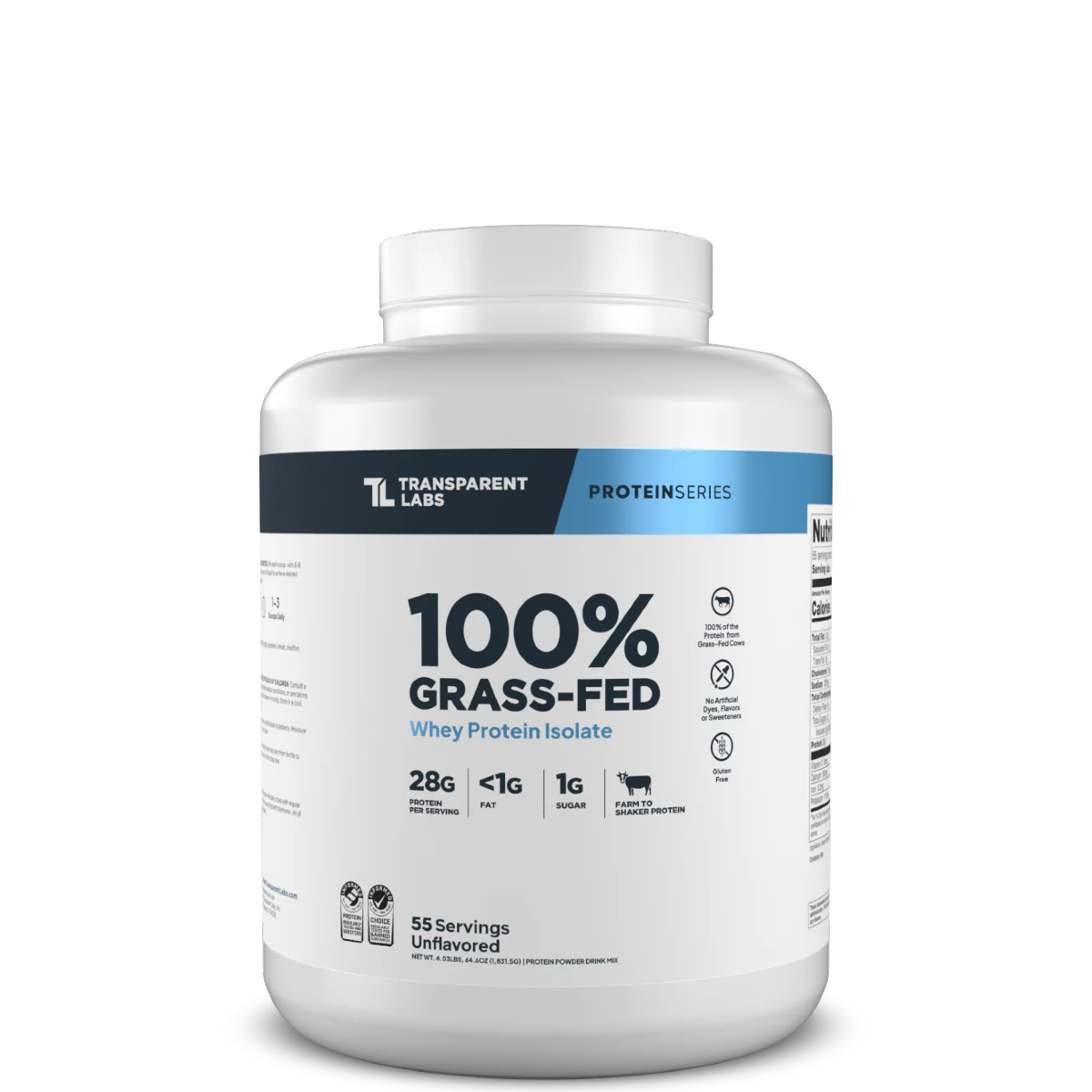 Protein powder container with '100% Grass-Fed' label on a white background