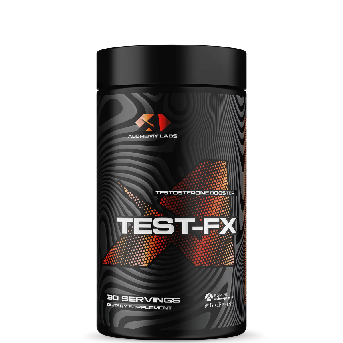 A container of Alchemy Labs Test-FX, a natural testosterone boosting supplement.