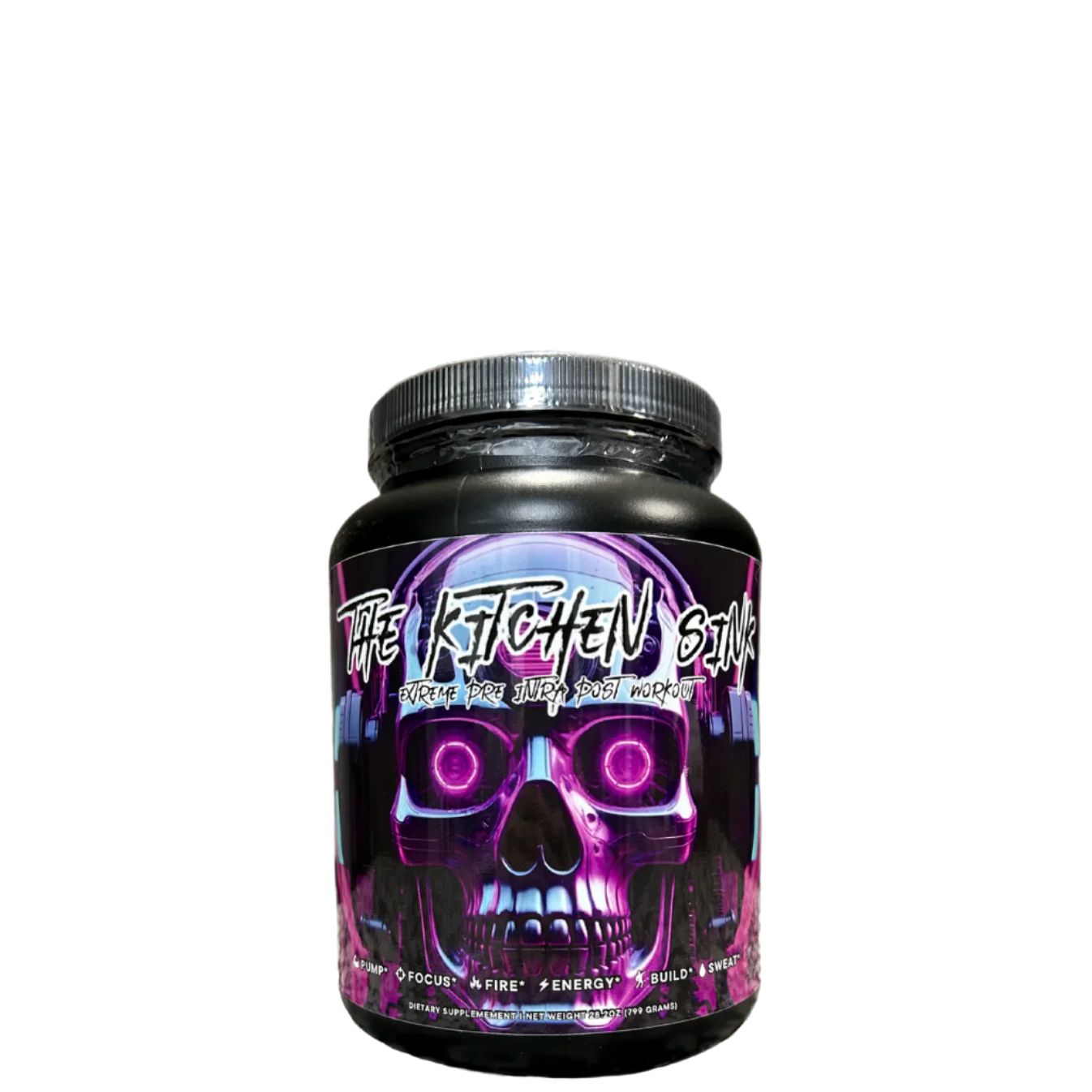 A container of 'The Kitchen Sink Pre Intra Post Workout' supplement with a colorful design featuring a skull