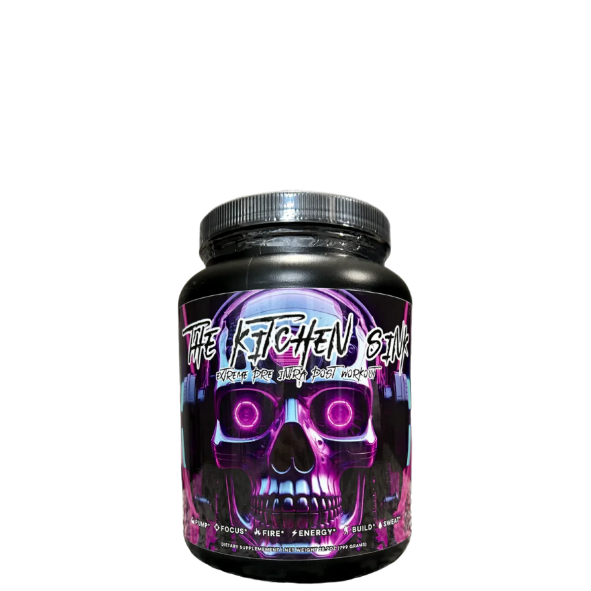 A container of 'The Kitchen Sink Pre Intra Post Workout' supplement with a colorful design featuring a skull