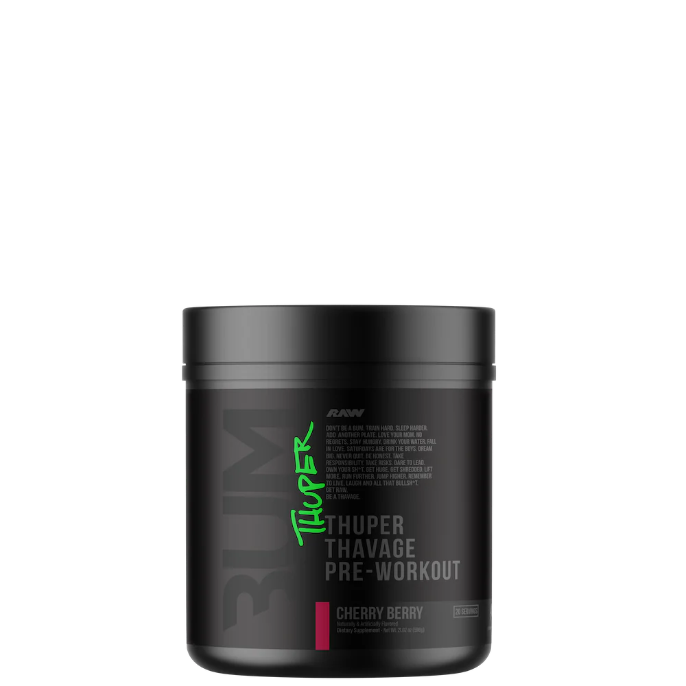 A container of Thuper Thavage Pre-Workout supplement with branding and product information on the label.