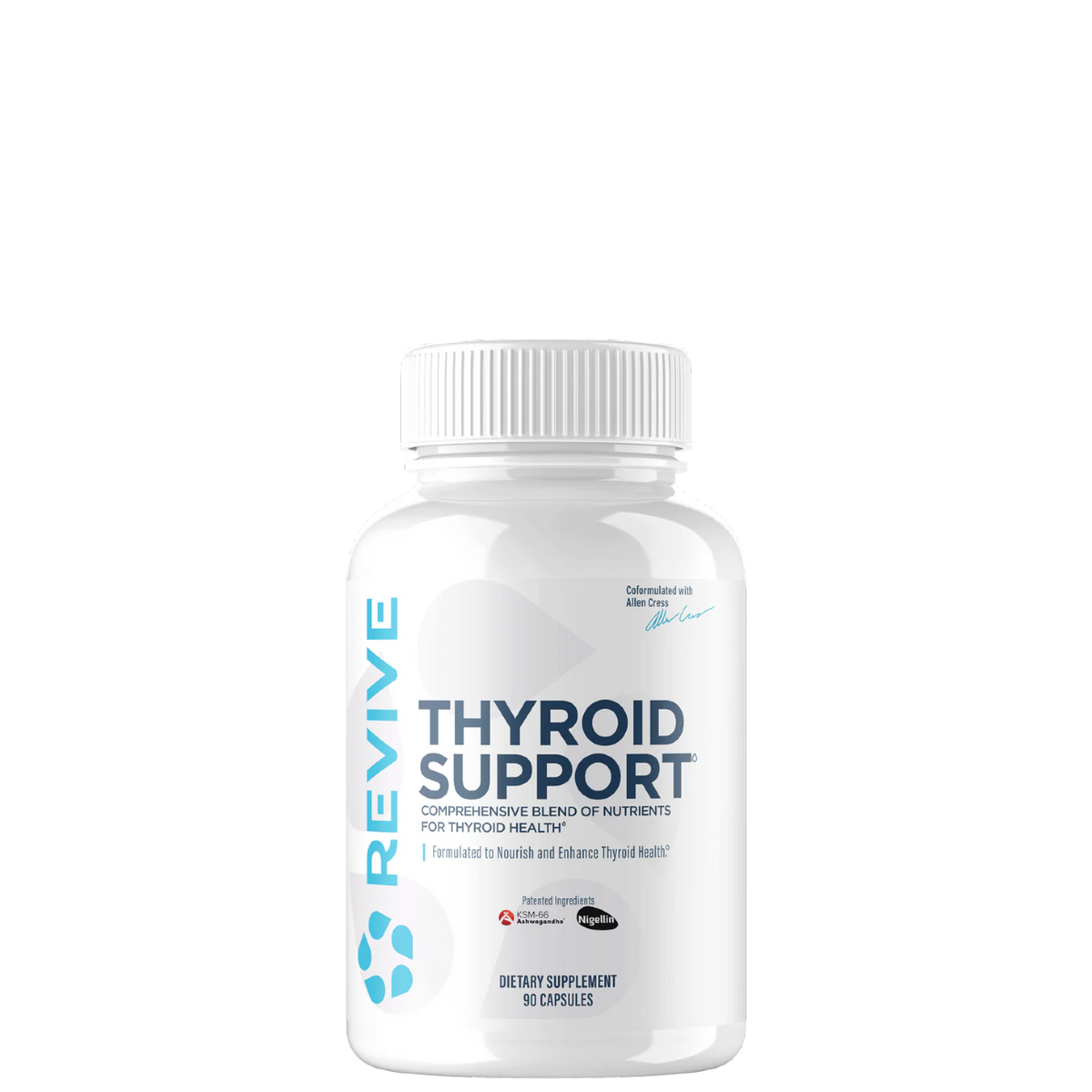 A bottle of Revive Supplements Thyroid Support, which is a white pill bottle with a label that has the brand and product name, along with a blue and green design element.