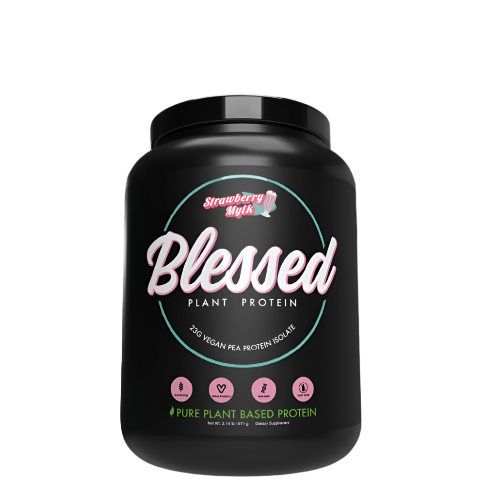 A black plastic tub labeled 'Blessed Plant Protein' by EHP Labs, indicating it is a vegan-friendly pure golden pea protein isolate.