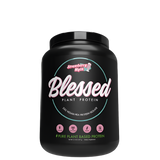 A black plastic tub labeled 'Blessed Plant Protein' by EHP Labs, indicating it is a vegan-friendly pure golden pea protein isolate.