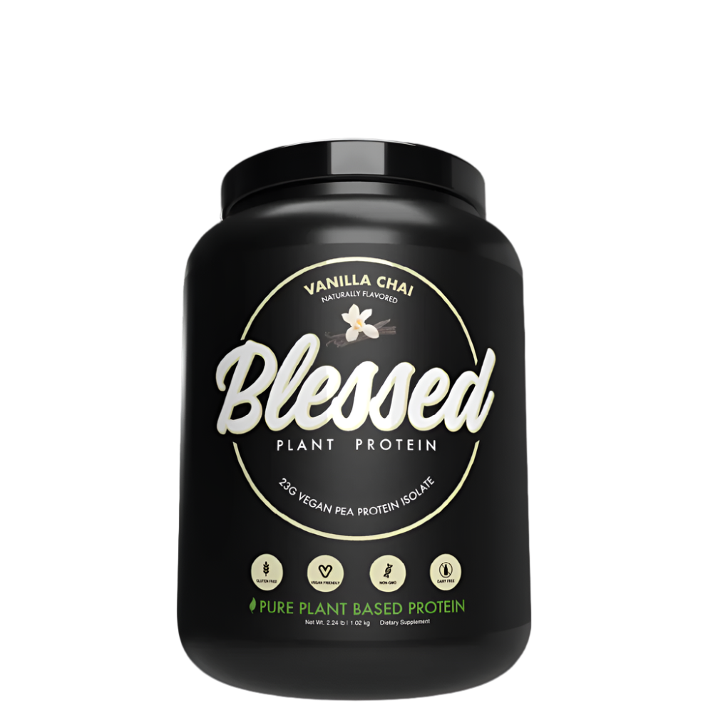 A black plastic tub labeled 'Blessed Plant Protein' by EHP Labs, indicating it is a vegan-friendly pure golden pea protein isolate.