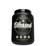 A black plastic tub labeled 'Blessed Plant Protein' by EHP Labs, indicating it is a vegan-friendly pure golden pea protein isolate.
