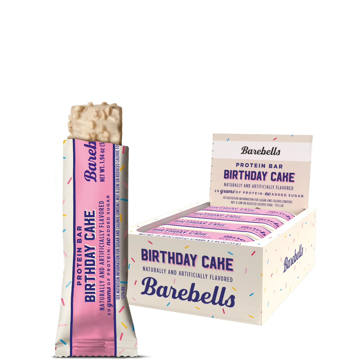 A box of Barebells protein bars in Cookies & Cream flavor, displaying the bar and packaging with branding and product information.