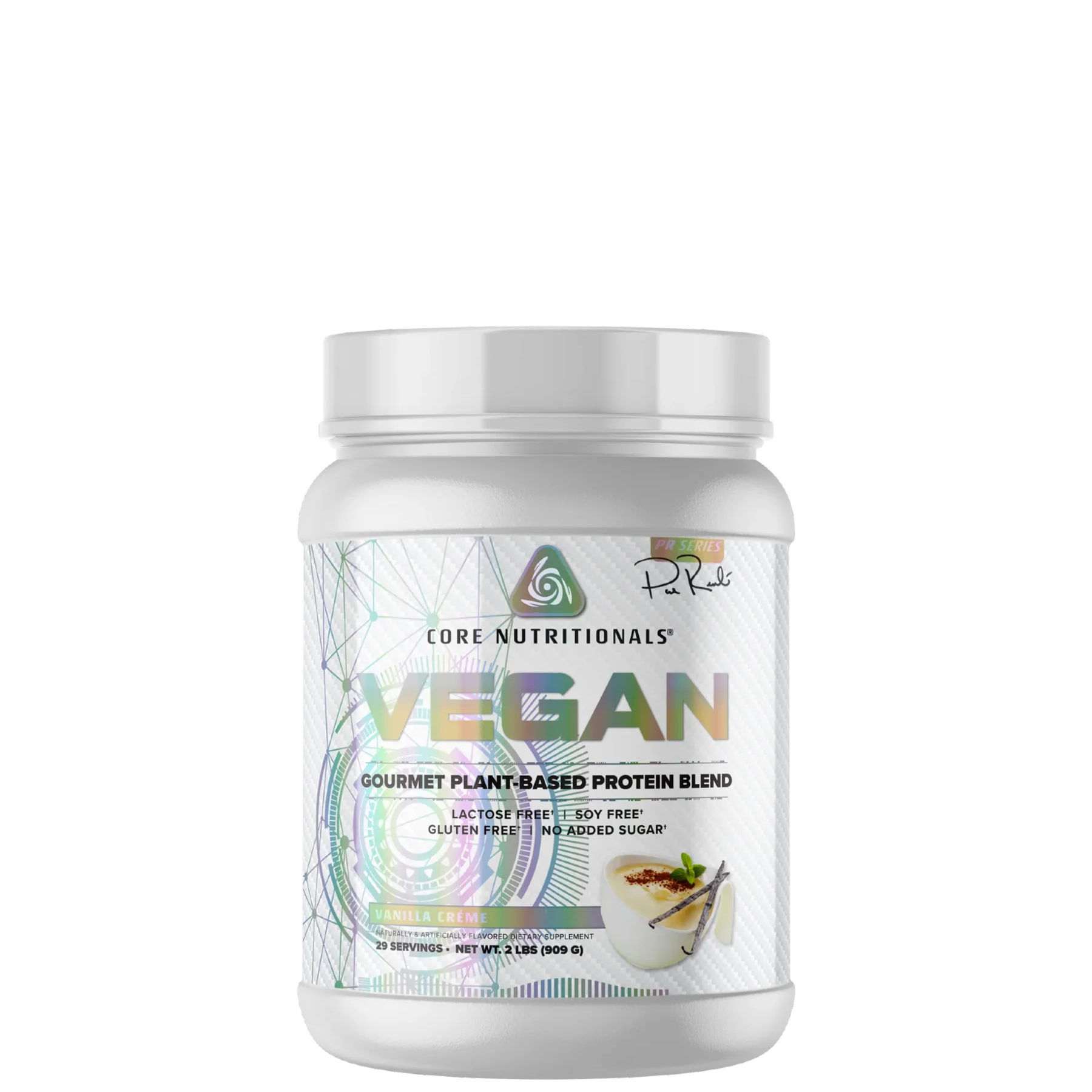 Vegan plant-based protein tub with clean white label