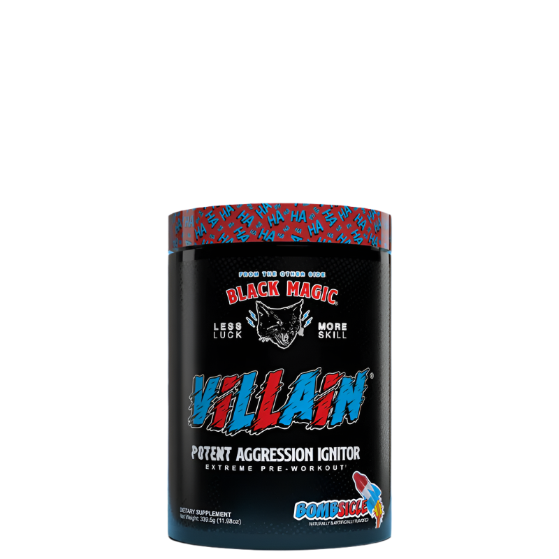 A container of VILLAIN High-Stim Nootropic Pre-Workout supplement with a predominantly red and black design, featuring the product name and the phrase 'Potent Aggression Ignitor'.