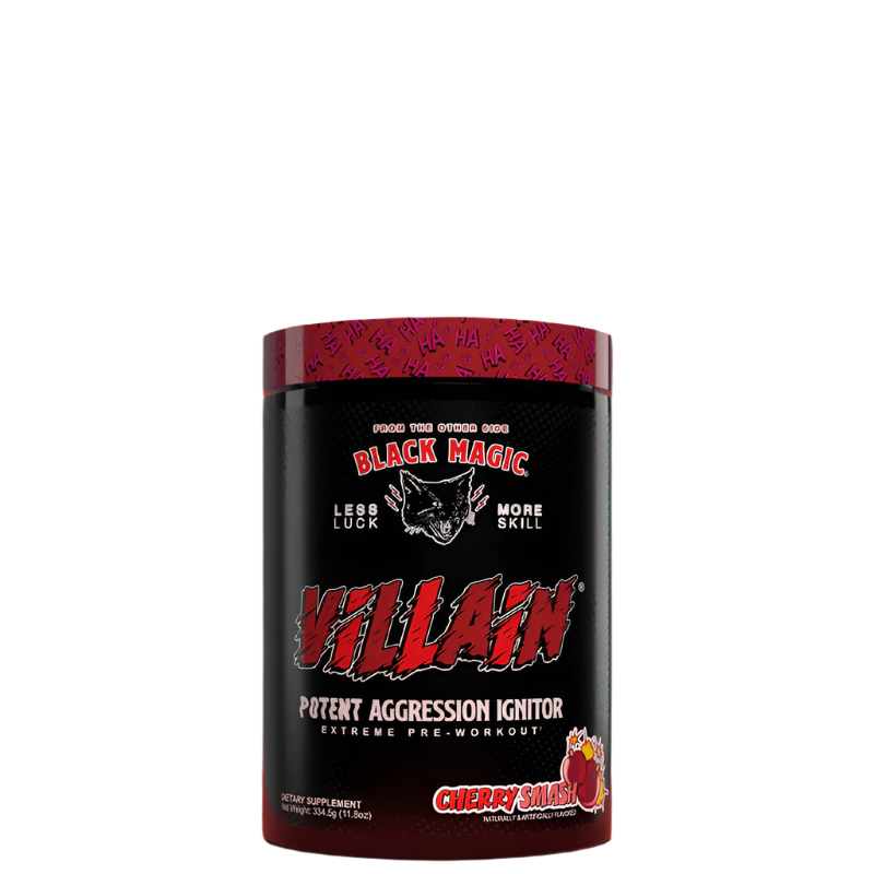 A container of VILLAIN High-Stim Nootropic Pre-Workout supplement with a predominantly red and black design, featuring the product name and the phrase 'Potent Aggression Ignitor'.