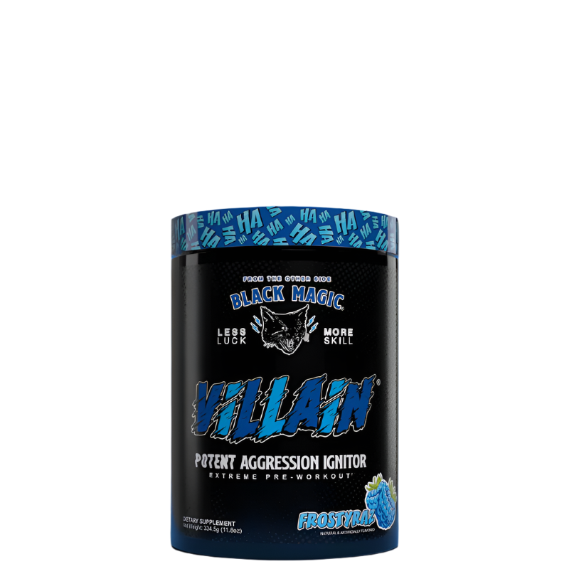 A container of VILLAIN High-Stim Nootropic Pre-Workout supplement with a predominantly red and black design, featuring the product name and the phrase 'Potent Aggression Ignitor'.