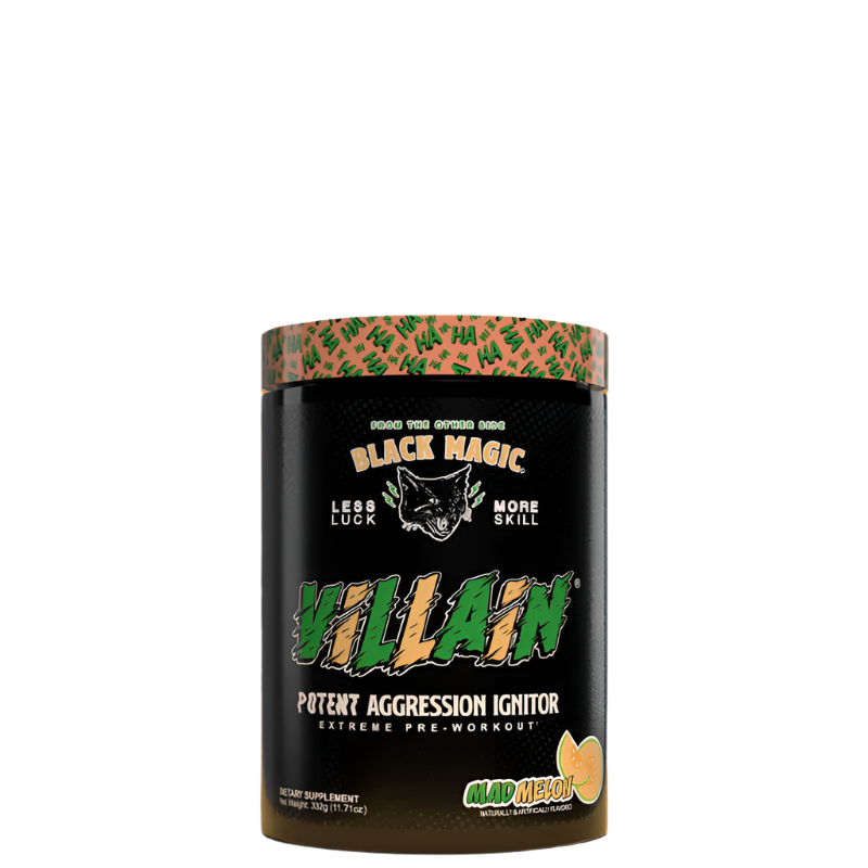 A container of VILLAIN High-Stim Nootropic Pre-Workout supplement with a predominantly red and black design, featuring the product name and the phrase 'Potent Aggression Ignitor'.