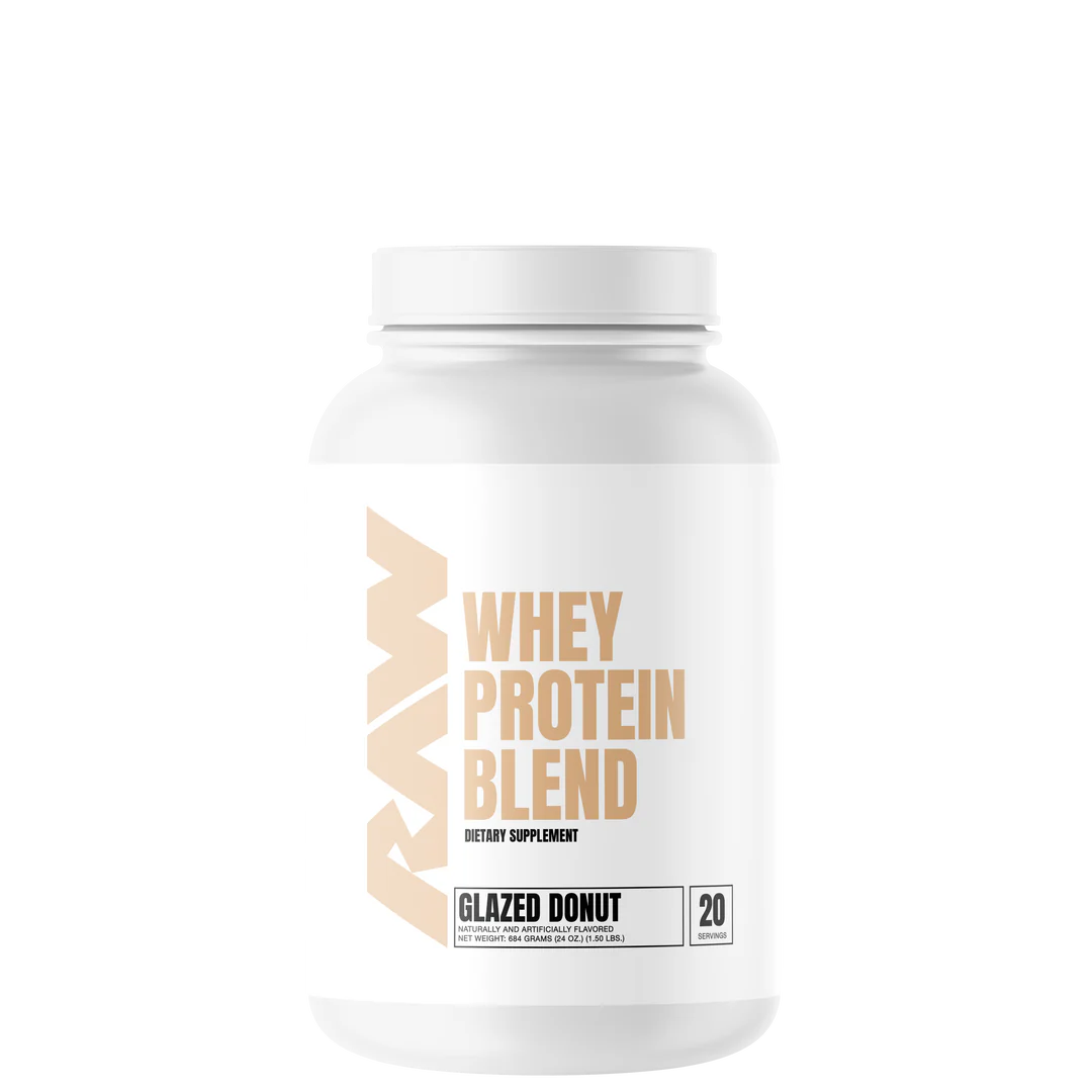 A container of RAW Whey Protein Blend in Chocolate Milk flavor.