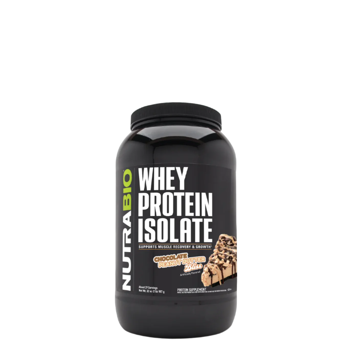 A container of NutraBio Whey Protein Isolate in chocolate flavor, with branding and product information displayed on the label.
