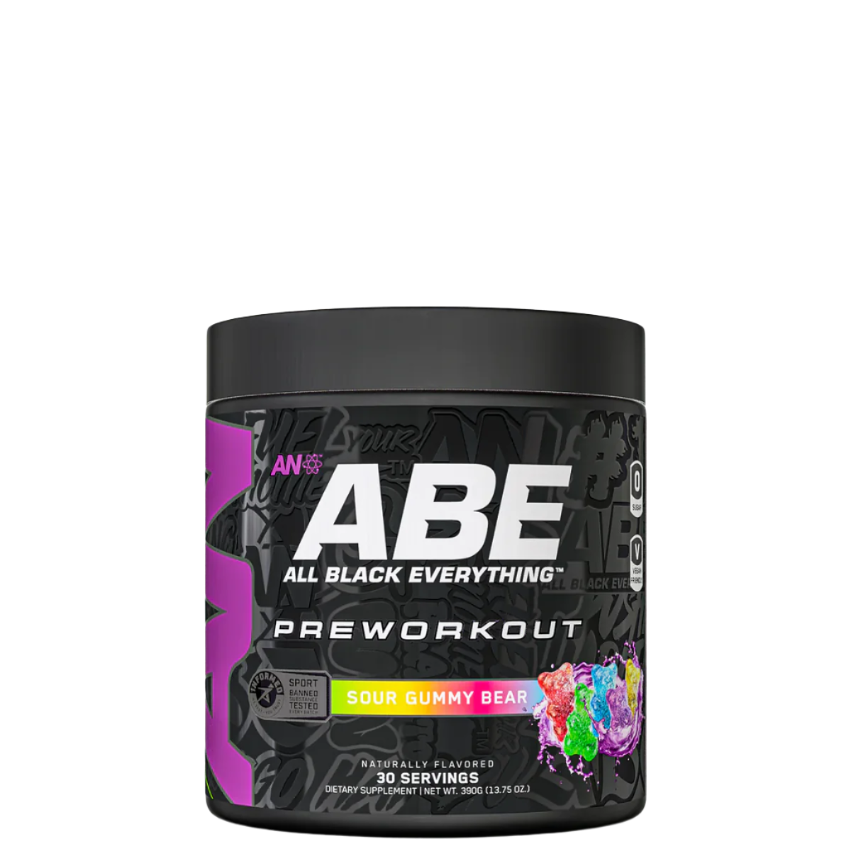 Container of ABE Ultimate Pre-Workout supplement with a graphic of a person working out on the front, and the flavor 'Baddy Berry' indicated.