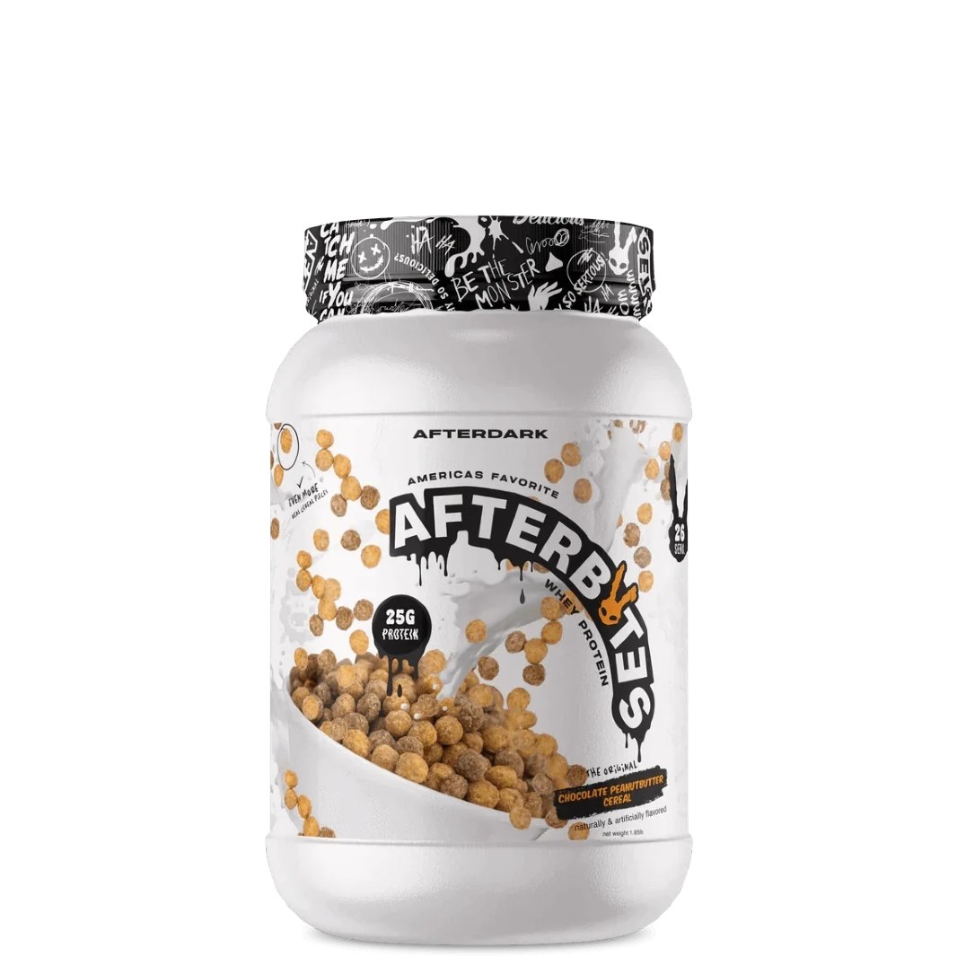 A container of AFTERBITES WHEY PROTEIN with a design that includes an image of a chocolate bar with nuts and a graphic pattern on the lid.