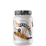 A container of AFTERBITES WHEY PROTEIN with a design that includes an image of a chocolate bar with nuts and a graphic pattern on the lid.