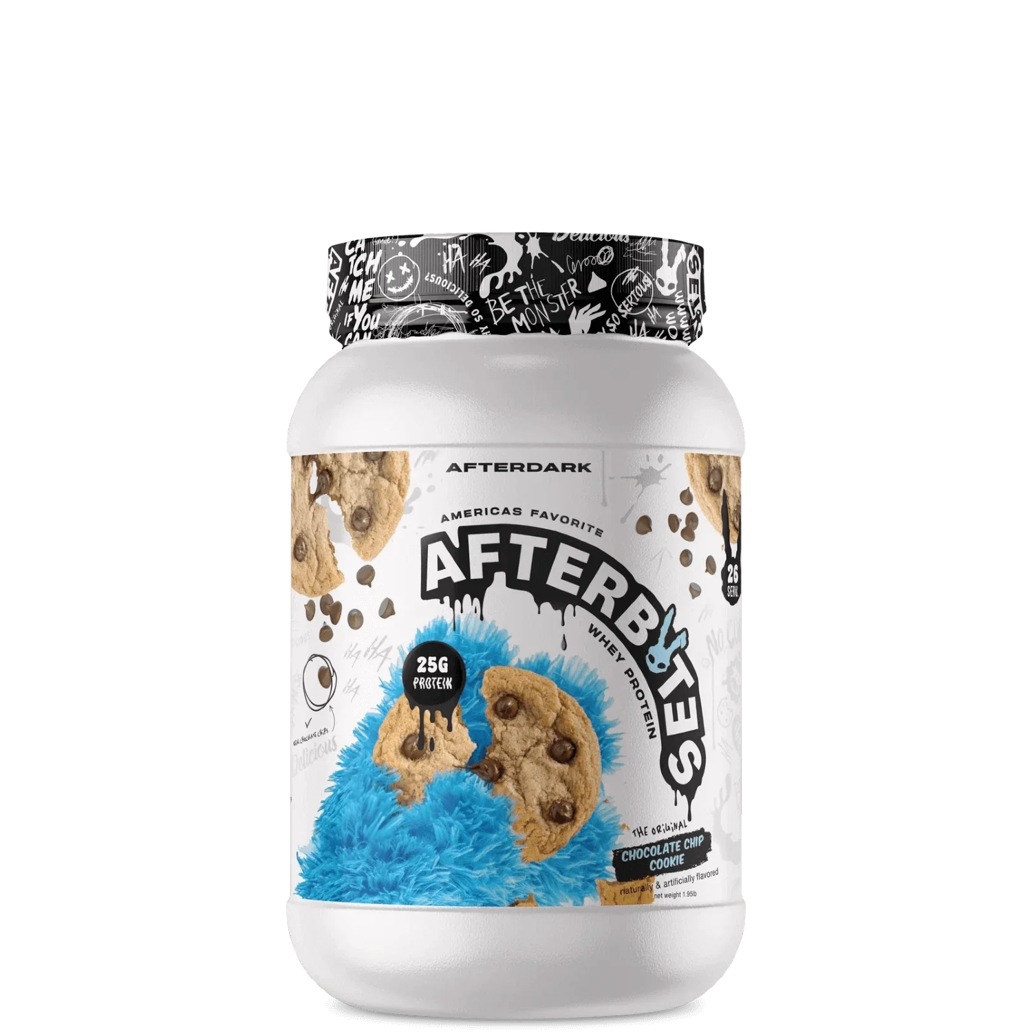 A container of AFTERBITES WHEY PROTEIN with a design that includes an image of a chocolate bar with nuts and a graphic pattern on the lid.