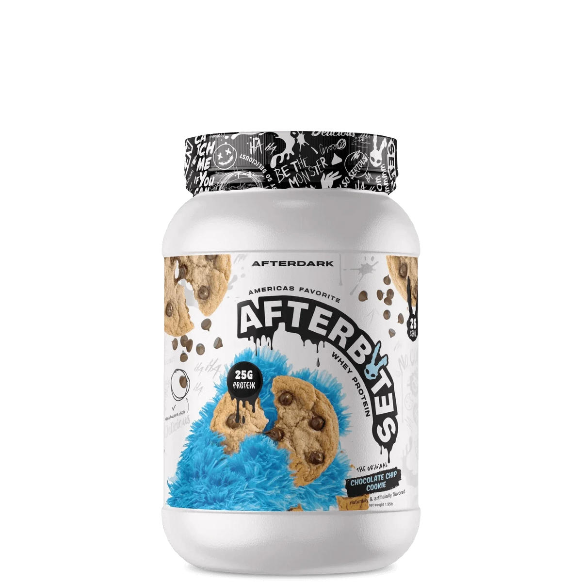 A container of AFTERBITES WHEY PROTEIN with a design that includes an image of a chocolate bar with nuts and a graphic pattern on the lid.
