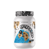 A container of AFTERBITES WHEY PROTEIN with a design that includes an image of a chocolate bar with nuts and a graphic pattern on the lid.