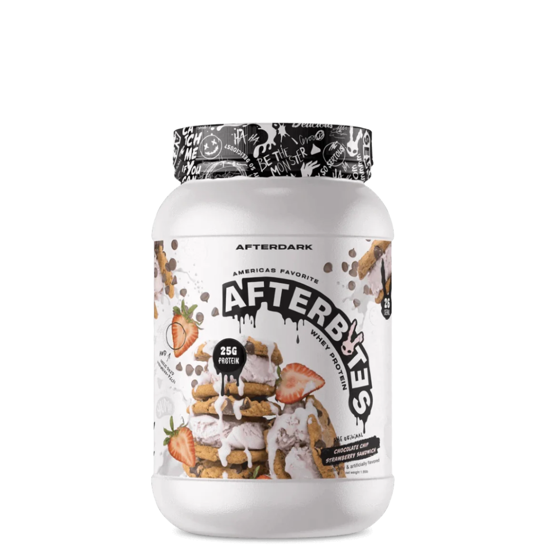 A container of AFTERBITES WHEY PROTEIN with a design that includes an image of a chocolate bar with nuts and a graphic pattern on the lid.