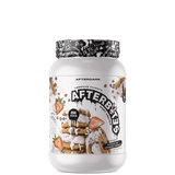 A container of AFTERBITES WHEY PROTEIN with a design that includes an image of a chocolate bar with nuts and a graphic pattern on the lid.