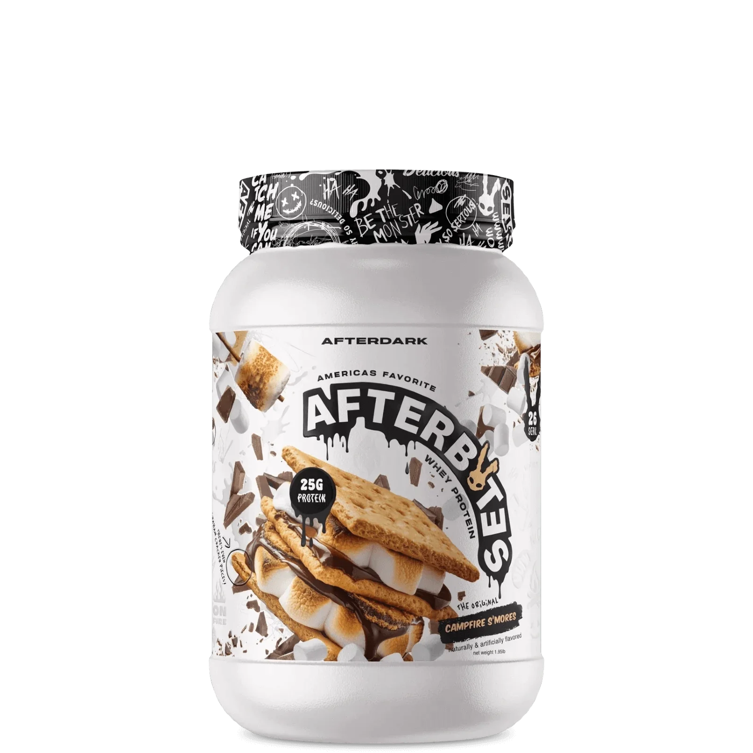 A container of AFTERBITES WHEY PROTEIN with a design that includes an image of a chocolate bar with nuts and a graphic pattern on the lid.