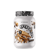 A container of AFTERBITES WHEY PROTEIN with a design that includes an image of a chocolate bar with nuts and a graphic pattern on the lid.