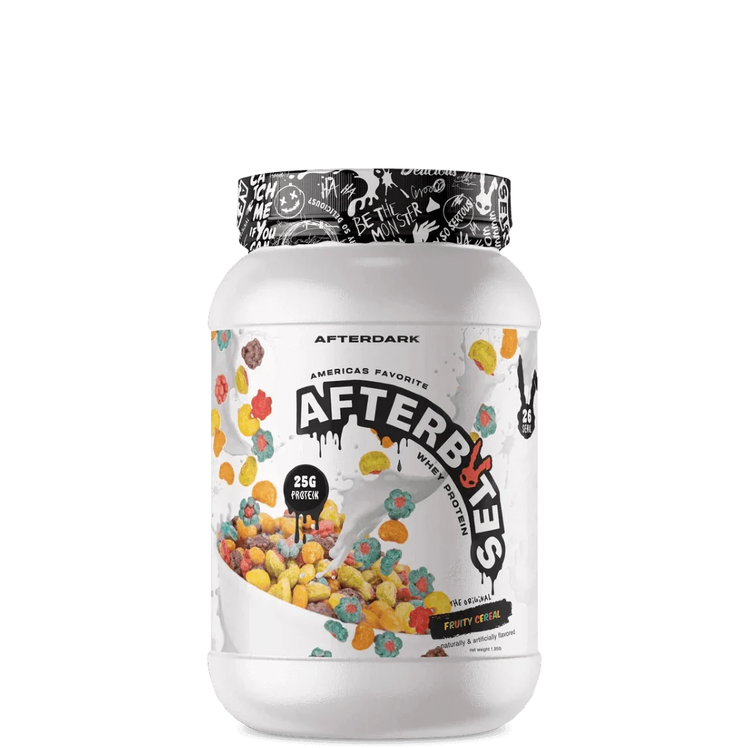 A container of AFTERBITES WHEY PROTEIN with a design that includes an image of a chocolate bar with nuts and a graphic pattern on the lid.