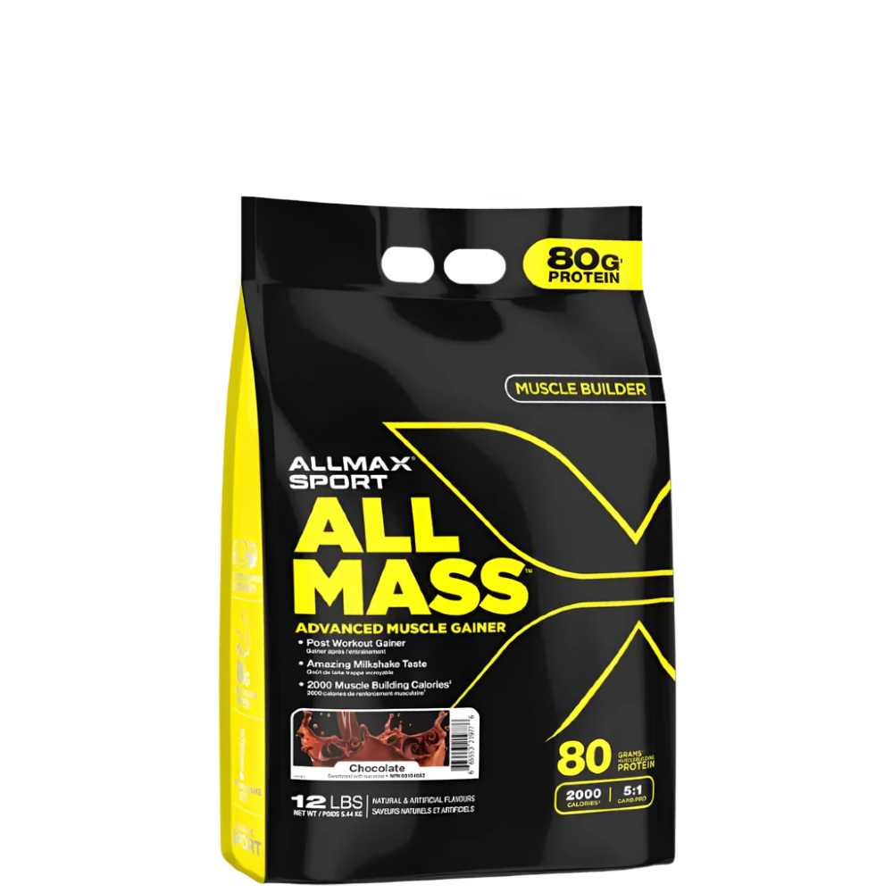 A package of AllMax Sport AllMass Advanced Muscle Gainer in black and yellow packaging, indicating 80g of protein and various product features.