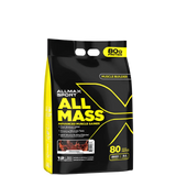A package of AllMax Sport AllMass Advanced Muscle Gainer in black and yellow packaging, indicating 80g of protein and various product features.