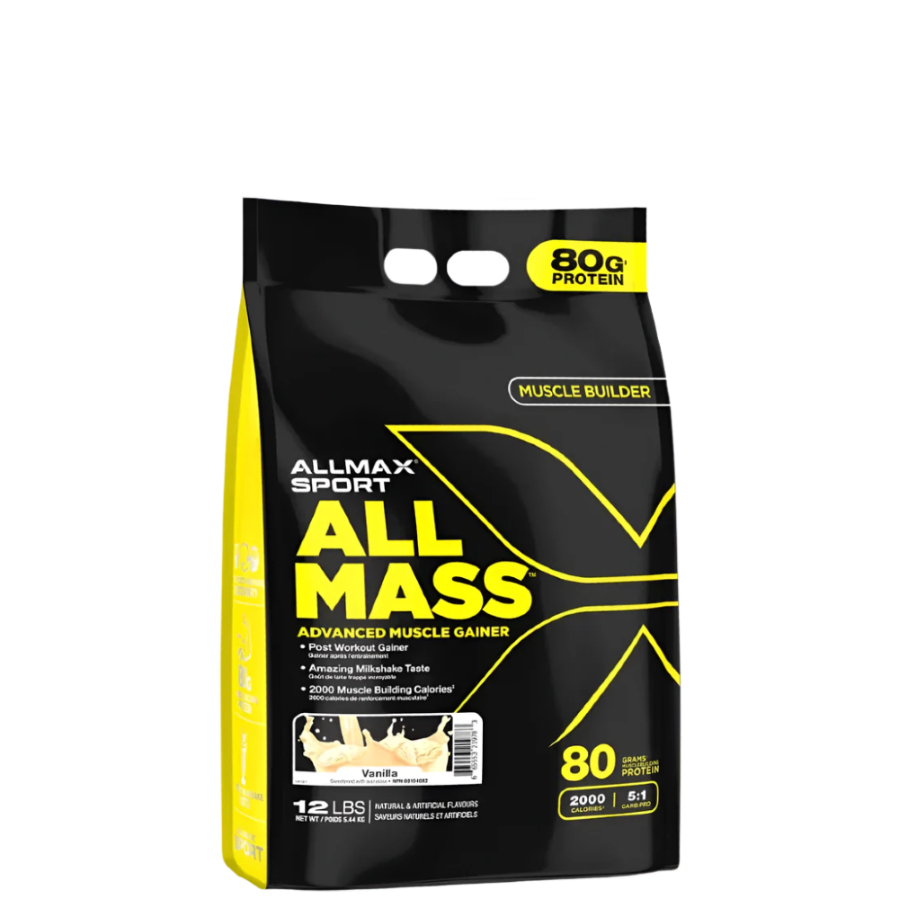 A package of AllMax Sport AllMass Advanced Muscle Gainer in black and yellow packaging, indicating 80g of protein and various product features.