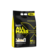 A package of AllMax Sport AllMass Advanced Muscle Gainer in black and yellow packaging, indicating 80g of protein and various product features.